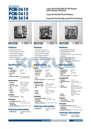 PCM-3610 datasheet - RS-232/422/485 PC/104 Module with Isolation Protection