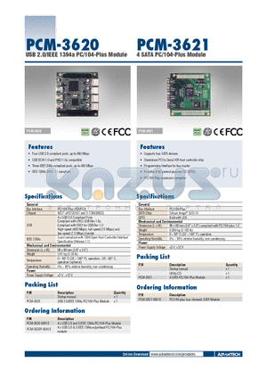 PCM-3620-00A1E datasheet - USB 2.0/IEEE 1394a PC/104-Plus Module 4 SATA PC/104-Plus Module