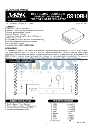 MSK5910KRH datasheet - RAD TOLERANT ULTRA LOW DROPOUT ADJUSTABLE POSITIVE LINEAR REGULATOR