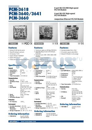 PCM-3640-A datasheet - RS-422/485 High-speed PC/104 Module