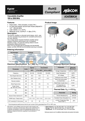 SMA34 datasheet - Cascadable Amplifier 100 to 2000 MHz