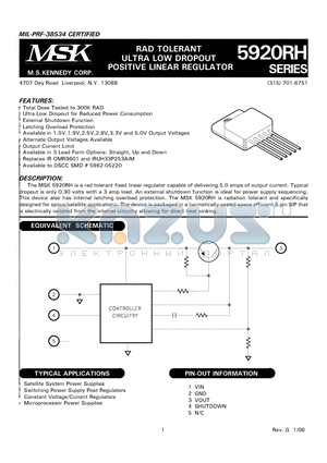 MSK5920-1.5HRHS datasheet - RAD TOLERANT ULTRA LOW DROPOUT POSITIVE LINEAR REGULATOR