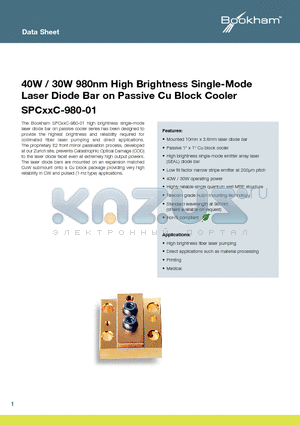 SPC30C-980-01 datasheet - 40W / 30W 980nm High Brightness Single-Mode Laser Diode Bar on Passive Cu Block Cooler