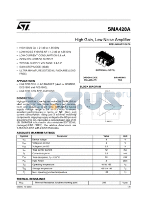 SMA428A datasheet - High Gain, Low Noise Amplifier