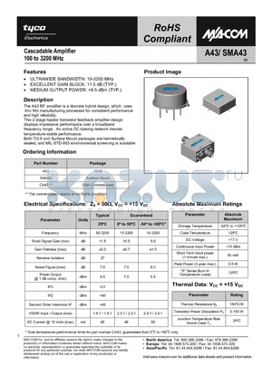 SMA43 datasheet - Cascadable Amplifier 100 to 3200 MHz