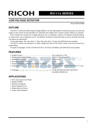 R3111H401A datasheet - LOW VOLTAGE DETECTOR
