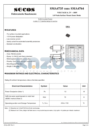 SMA4735 datasheet - 1.0 Watts Surface Mount Zener Diode