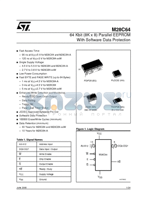 M28C64-12WKA1T datasheet - 64 Kbit 8K x 8 Parallel EEPROM With Software Data Protection