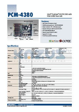 PCM-4380F-S4A2E datasheet - Intel^ Pentium^ M EPIC SBC with VGA/ LVDS/ Dual LAN