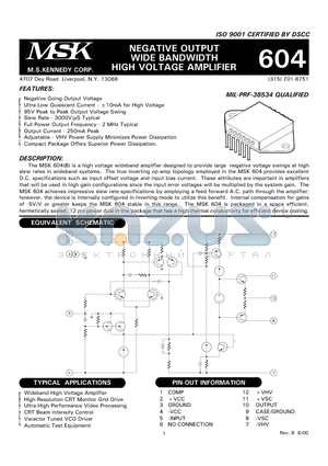 MSK604 datasheet - NEGATIVE OUTPUT WIDE BANDWIDTH HIGH VOLTAGE AMPLIFIER