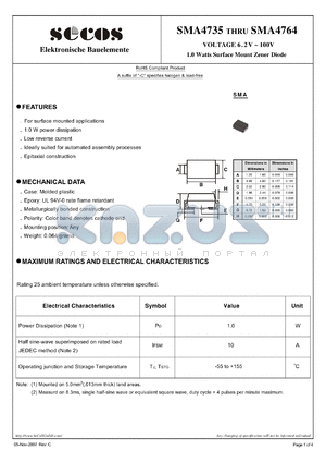 SMA4750 datasheet - 1.0 Watts Surface Mount Zener Diode