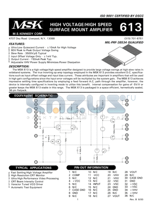 MSK613 datasheet - HIGH VOLTAGE/HIGH SPEED SURFACE MOUNT AMPLIFIER