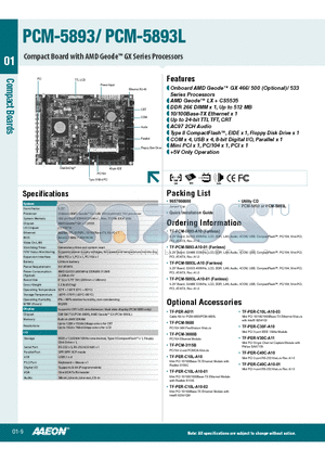 PCM-5893 datasheet - Onboard AMD Geode GX 466/ 500 (Optional)/ 533 Series Processors