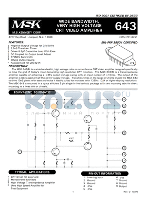 MSK643 datasheet - WIDE BANDWIDTH, VERY HIGH VOLTAGE CRT VIDEO AMPLIFIER