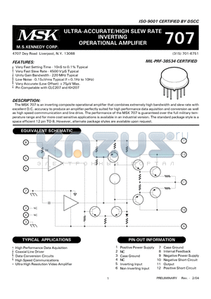 MSK707E datasheet - ULTRA-ACCURATE/HIGH SLEW RATE INVERTING OPERATIONAL AMPLIFIER