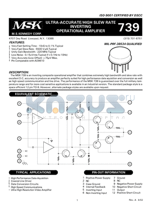 MSK739 datasheet - ULTRA-ACCURATE/HIGH SLEW RATE INVERTING OPERATIONAL AMPLIFIER