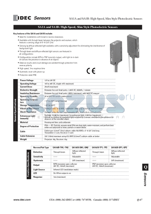 SA1A-DN2 datasheet - High-Speed, Slim Style Photoelectric Sensors