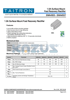 SMA4933 datasheet - 1.0A Surface Mount Fast Recovery Rectifier