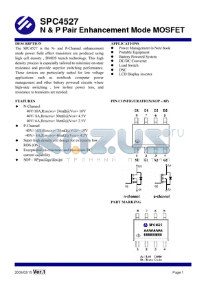 SPC4527 datasheet - N & P Pair Enhancement Mode MOSFET