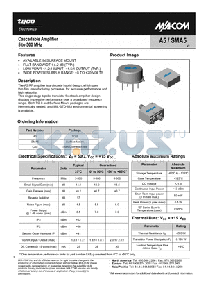 SMA5 datasheet - Cascadable Amplifier 5 to 500 MHz