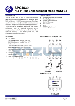 SPC4539S8TG datasheet - N & P Pair Enhancement Mode MOSFET