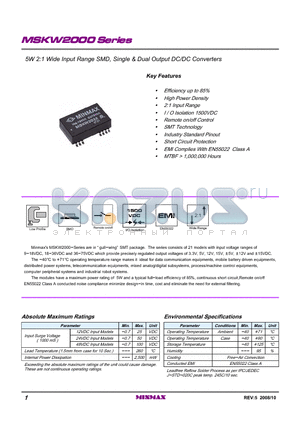 MSKW2022 datasheet - 5W 2:1 Wide Input Range SMD, Single & Dual Output DC/DC Converters