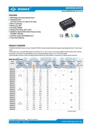 MSKW2023 datasheet - DC/DC CONVERTER 5W, SMD Package with Industry Standard Pinout