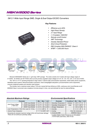 MSKW2032 datasheet - 5W 2:1 Wide Input Range SMD, Single & Dual Output DC/DC Converters