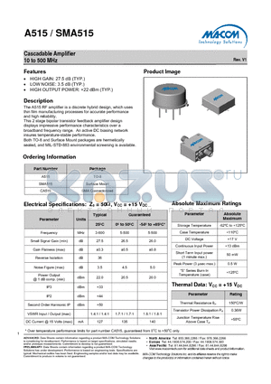 SMA515 datasheet - Cascadable Amplifier 10 to 500 MHz