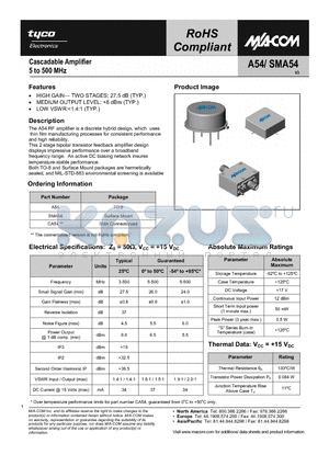 SMA54 datasheet - Cascadable Amplifier 5 to 500 MHz