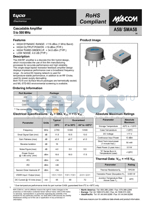 SMA58 datasheet - Cascadable Amplifier 5 to 500 MHz