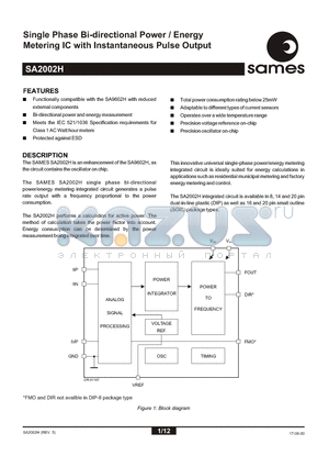 SA2002 datasheet - Single Phase Bi-directional Power / Energy Metering IC with Instantaneous Pulse Output