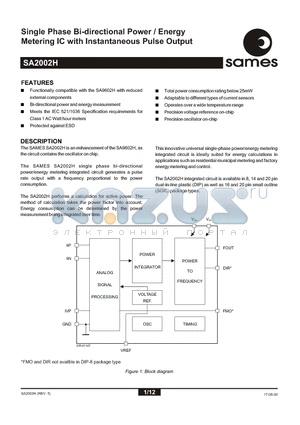 SA2002HPA datasheet - Single Phase Bi-directional Power / Energy Metering IC with Instantaneous Pulse Output