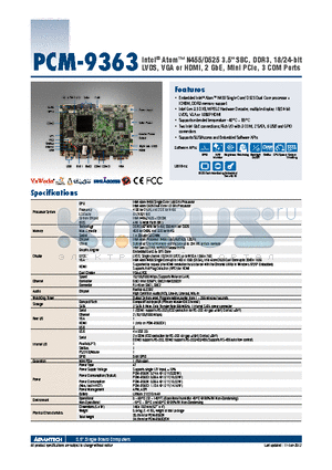 PCM-9363NZ21GS6A1E datasheet - Intel^ Atom N455/D525 3.5