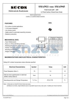 SMA5922B datasheet - 1.5 Watts Surface Mount Zener Diode
