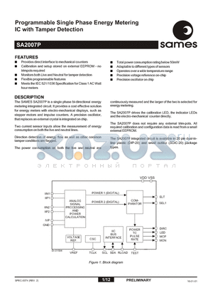 SA2007PSA datasheet - Programmable Single Phase Energy Metering IC with Tamper Detection