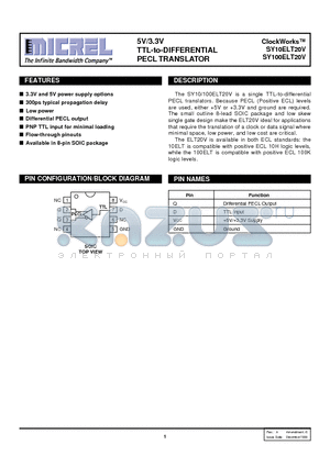 SY10-100ELT20V datasheet - 5V/3.3V TTL-to-DIFFERENTIAL PECL TRANSLATOR