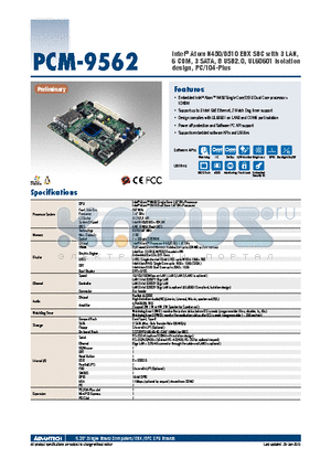 PCM-9562D-S6A1E datasheet - Intel^ Atom N450/D510 EBX SBC with 3 LAN, 6 COM, 3 SATA, 8 USB2.0, UL60601 Isolation design, PC/104-Plus