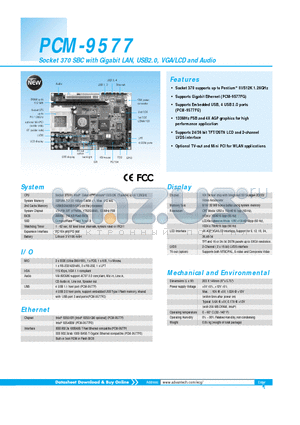 PCM-9577 datasheet - Socket 370 SBC with Gigabit LAN, USB2.0, VGA/LCD and Audio
