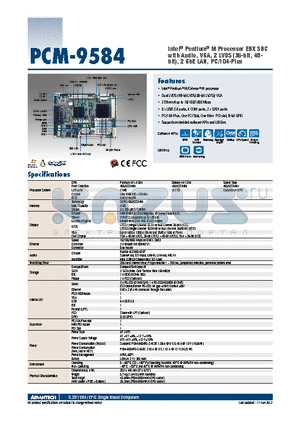 PCM-9584FG-00A2E datasheet - Intel^ Pentium^ M Processor EBX SBC with Audio, VGA, 2 LVDS (36-bit, 48- bit), 2 GbE LAN, PC/104-Plus