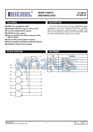 SY100E104JYTR datasheet - QUINT 2-INPUT AND/NAND GATE