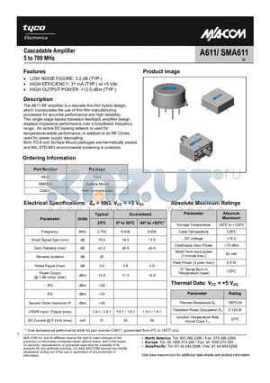 SMA611 datasheet - Cascadable Amplifier 5 to 700 MHz