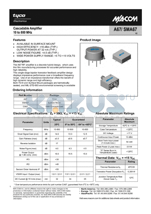 SMA67 datasheet - Cascadable Amplifier 10 to 800 MHz