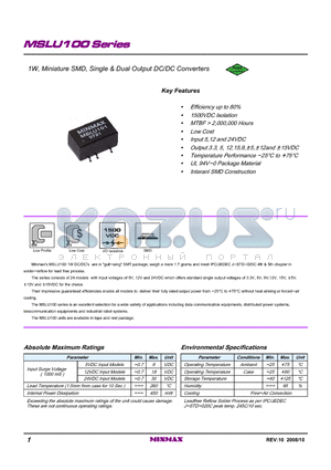 MSLU114 datasheet - 1W, Miniature SMD, Single & Dual Output DC/DC Converters