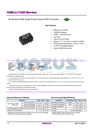 MSLU124 datasheet - 1W, Miniature SMD, Single & Dual Output DC/DC Converters