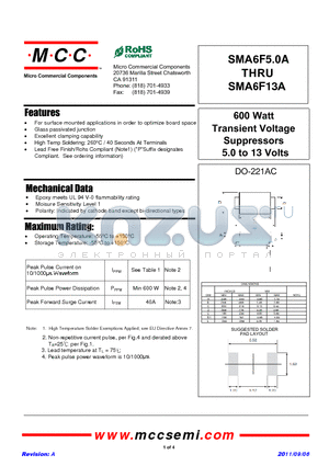 SMA6F13A datasheet - 600 Watt Transient Voltage Suppressors 5.0 to 13 Volts