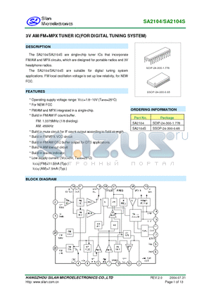 SA2104 datasheet - 3V AM/FMMPX TUNER IC(FOR DIGITAL TUNING SYSTEM)