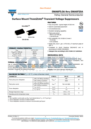 SMA6F20A datasheet - Surface Mount TRANSZORB^ Transient Voltage Suppressors