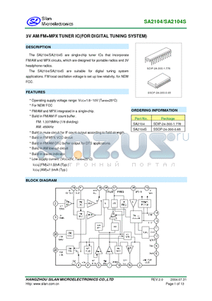 SA2104S datasheet - 3V AM/FMMPX TUNER IC(FOR DIGITAL TUNING SYSTEM)