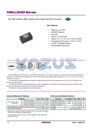 MSLU302 datasheet - 1W, High Isolation SMD, Single & Dual Output DC/DC Converters